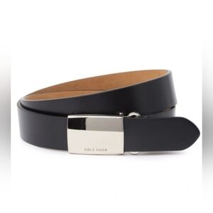Cole Haan Black Leather Belt Cut Edge Silver Tone Plaque Buckle Size 34